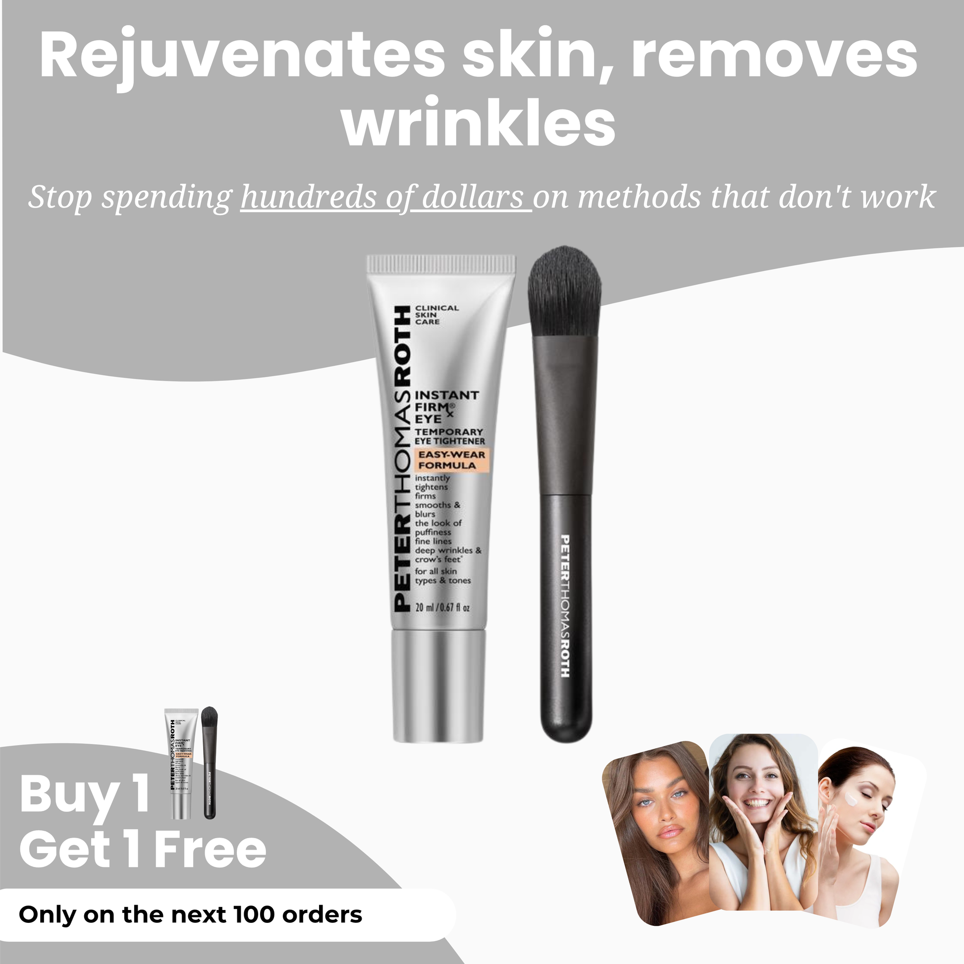 Peter Thomas Instant Firm Eye product with brush promoting skin rejuvenation and wrinkle removal.