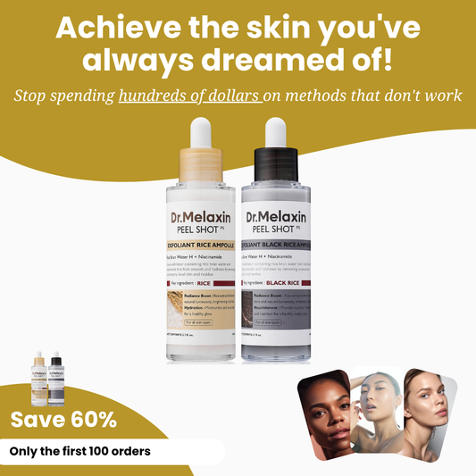Dr. Melaxin Peel Shot Glow Rice Ampoule Duo products with glowing skin benefits and promotion details.