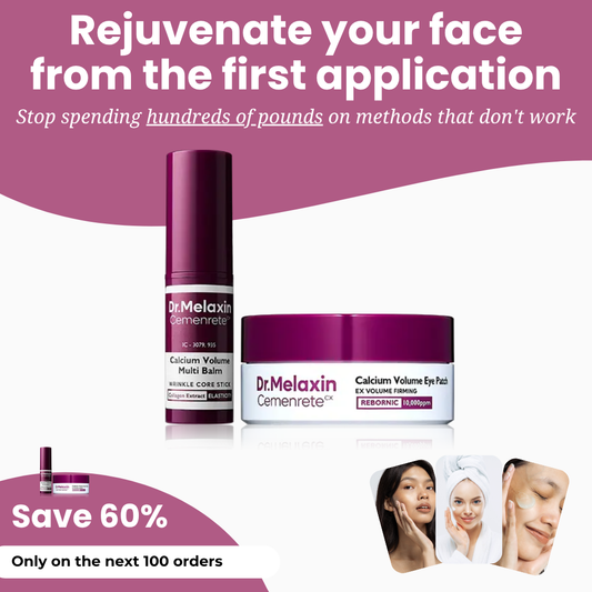 Pack Dr. Melaxin Calcium Volume Multi Balm + Eye Patch on display with rejuvenation benefits highlighted.