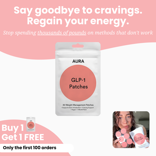 GLP-1 Patches - Aura packaging showcasing weight management benefits and promotional offer.