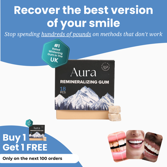 Aura Remineralizing Gum packaging displayed with a promotional offer for glowing smiles.